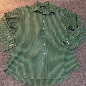 Ralph Lauren Mens Green & White Striped Button-Down Shirt Size 17 32/33
